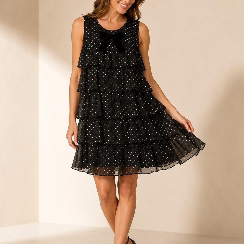 J.Crew Factory Polka Dot Tiered Chiffon Dress LBD Velvet Bow Date Trip CP905 NWT